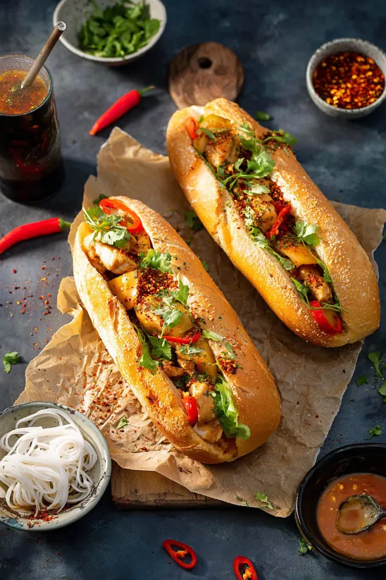 Two sandwiches with meat and vegetables.