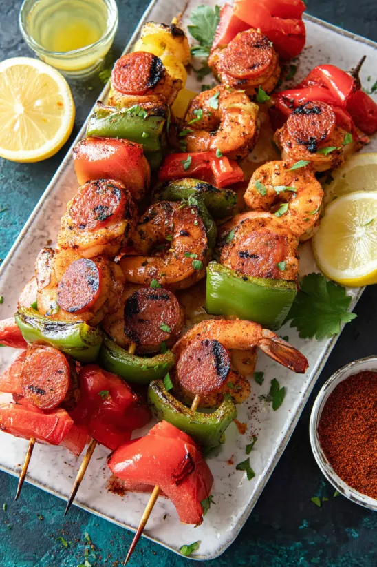 Shrimp and sausage skewers with peppers and lemon wedges.