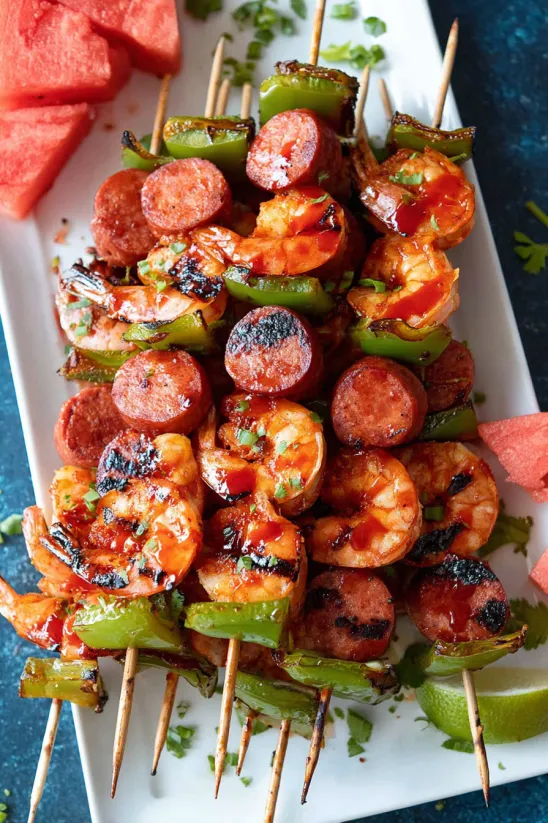 Skewers of shrimp sausage and peppers.