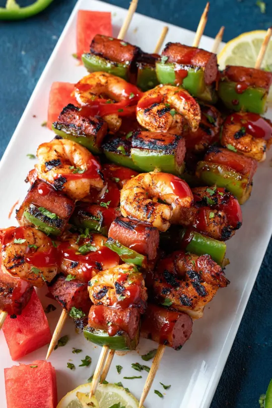 A skewer of shrimp and peppers with ketchup.