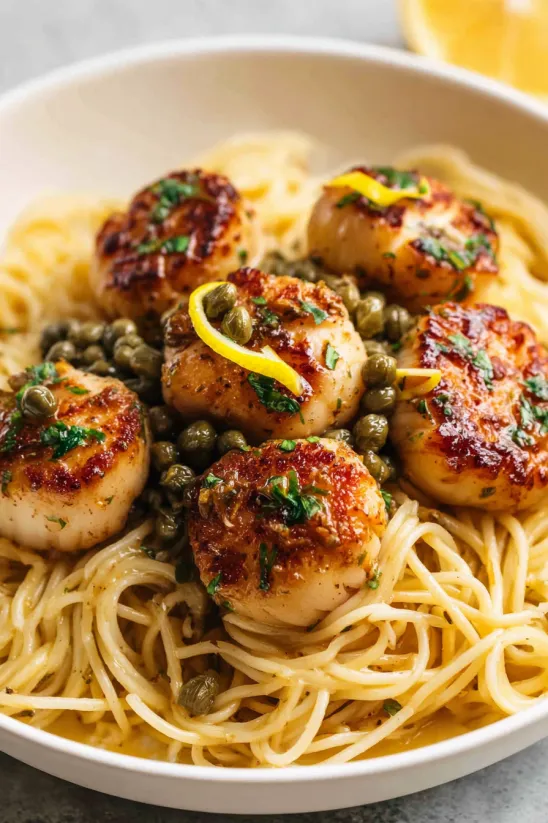 A plate of food with noodles and clams.