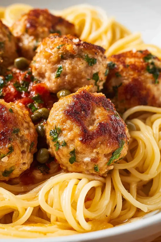 A plate of food with meatballs and pasta.