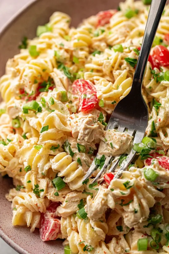 A fork is in a bowl of pasta salad.