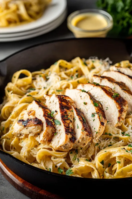 A plate of pasta with chicken and cheese.