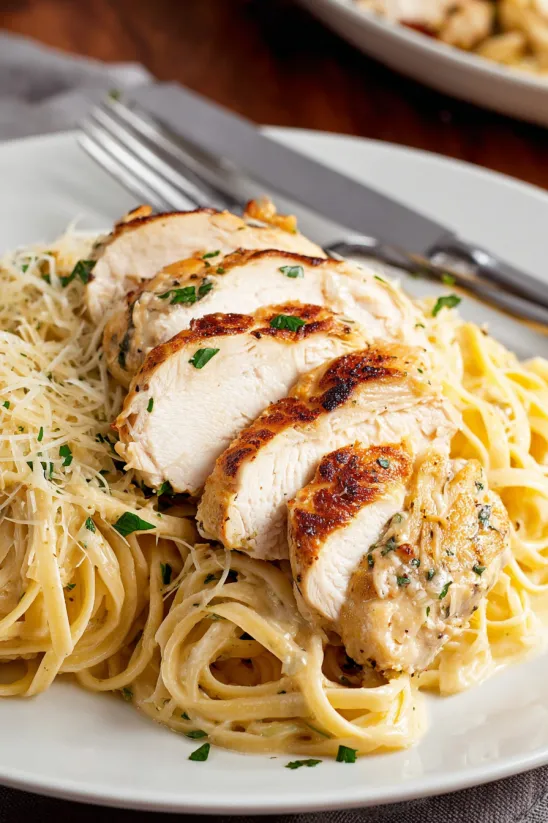 A plate of pasta with chicken on it.