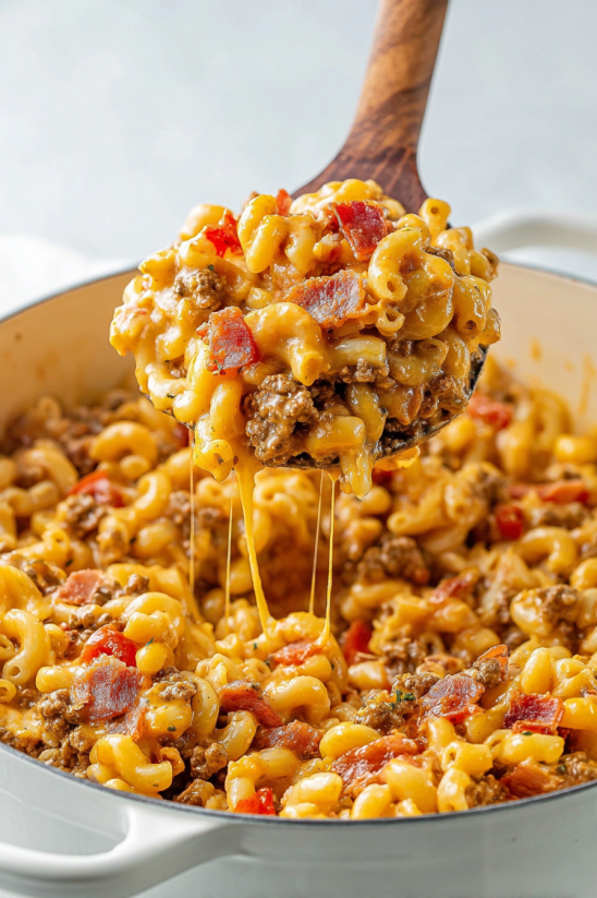 A spoonful of cheeseburger macaroni.