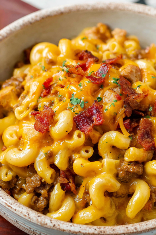 A bowl of macaroni and cheese with bacon.
