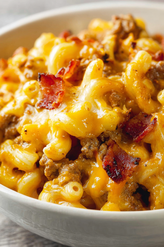 A bowl of macaroni and cheese with bacon.