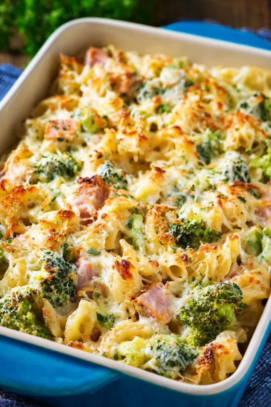 A casserole with ham and broccoli.