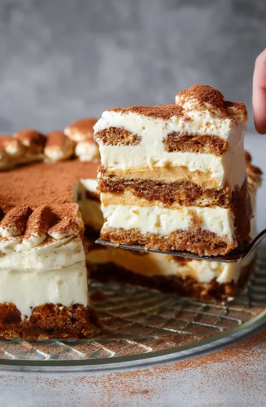 A slice of cake is being lifted from a plate.