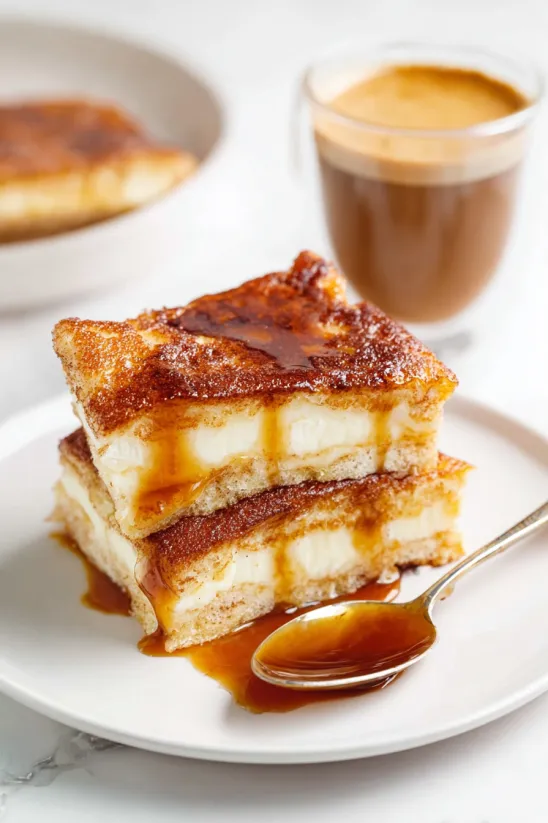 A stack of three cake slices with caramel sauce drizzled on top.