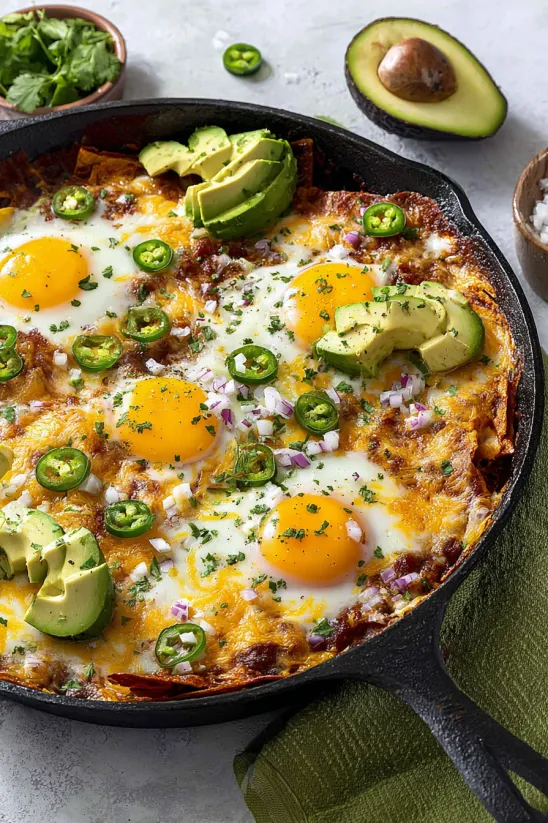 A skillet with a delicious meal of eggs, peppers, and avocado.