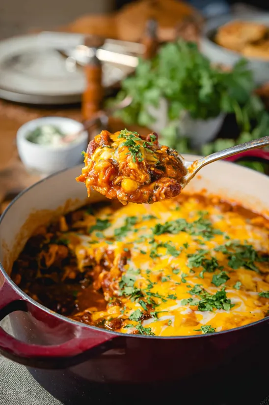 A fork is being used to serve a meatless enchilada casserole.