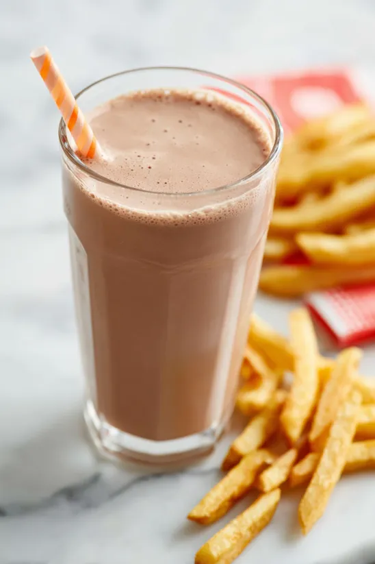 A glass of chocolate milk with a straw in it.