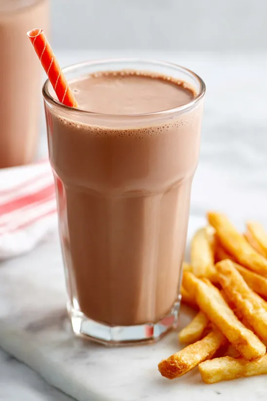A glass of chocolate milk with a straw in it.