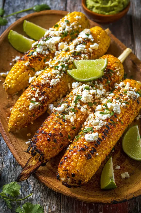 A plate of elote with cheese and lime.