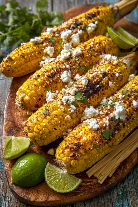 A plate of corn with cheese and lime.