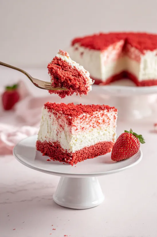 A slice of red and white cake.