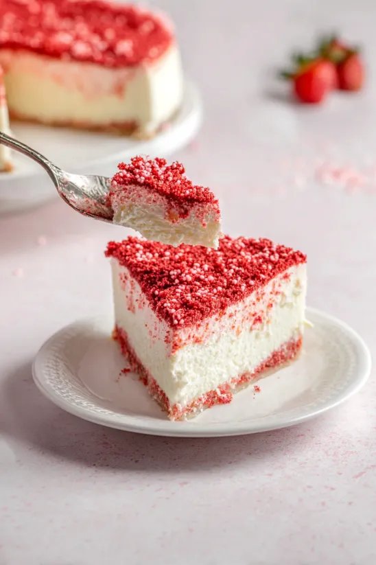 A slice of cake with red frosting.