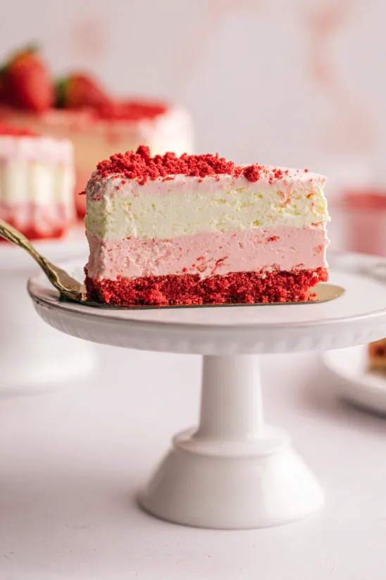 A slice of cake on a plate.