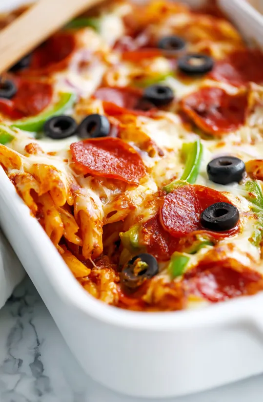A white dish with a supreme pizza casserole.