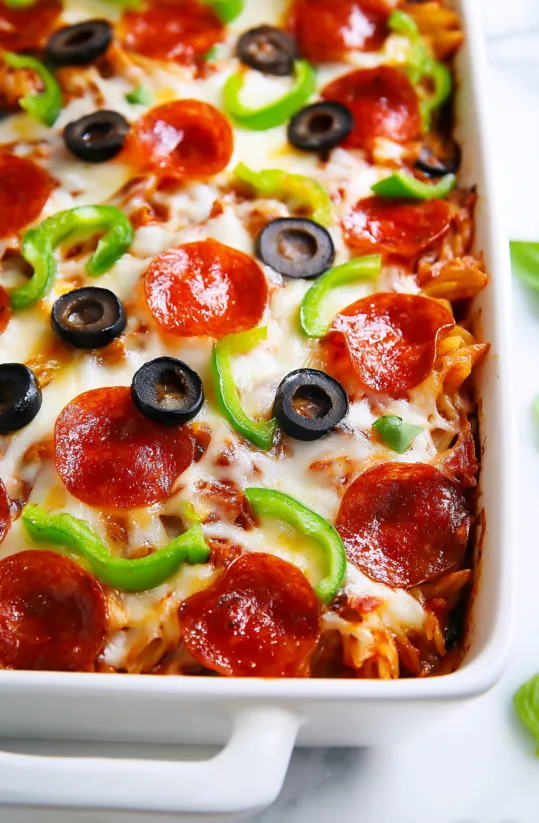 A dish of supreme pizza casserole.