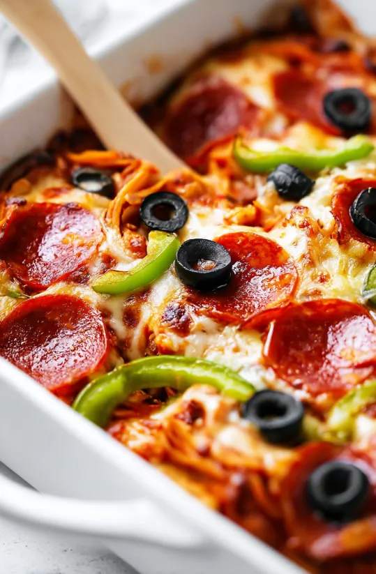 A close up of a supreme pizza casserole.