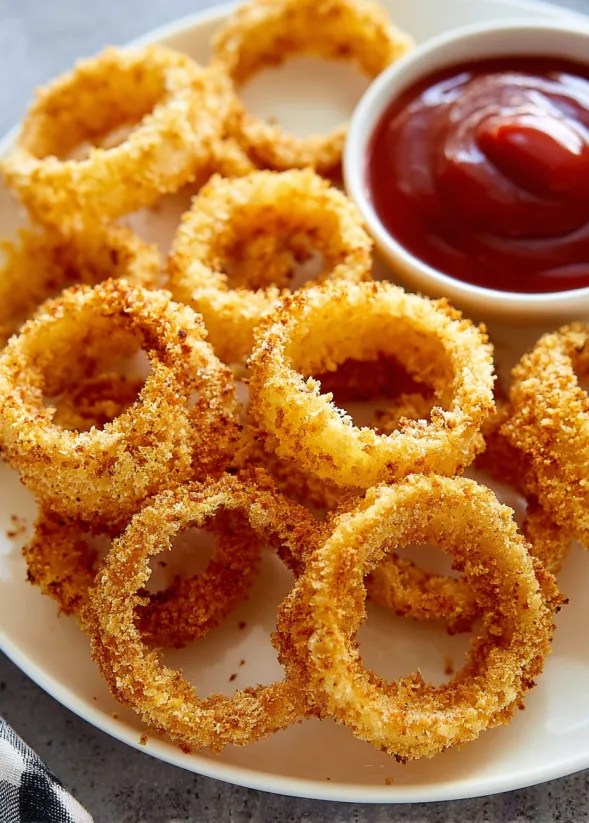 A plate of baked onion rings with ketchup.