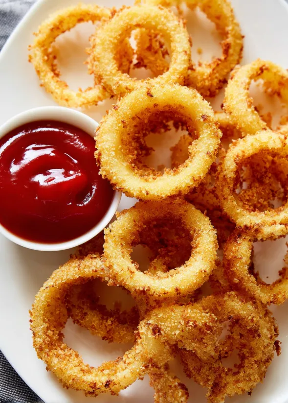A plate of onion rings with ketchup.