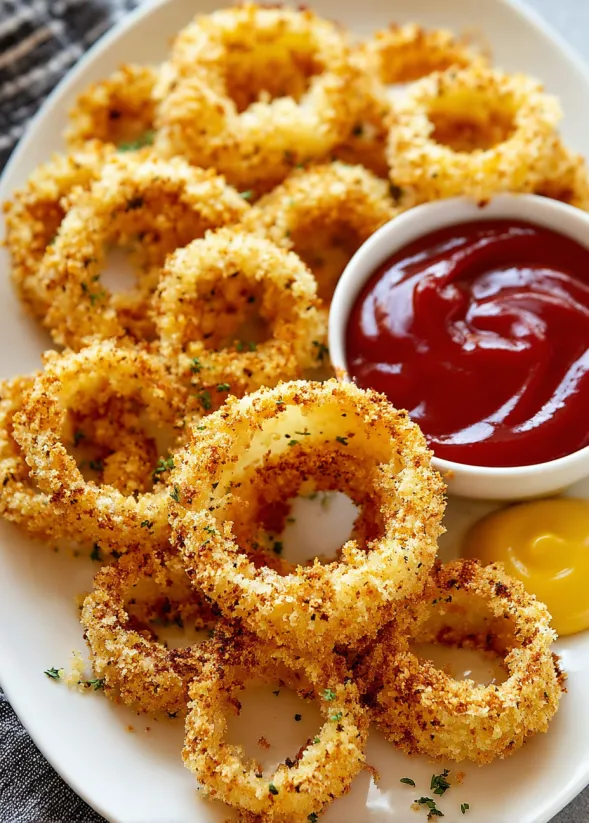 A plate of onion rings with a side of ketchup.