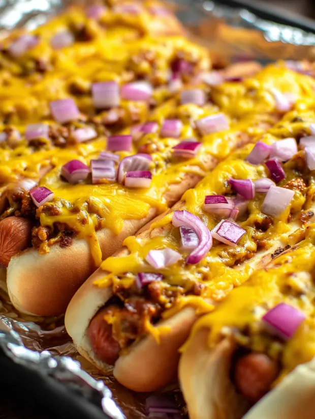 Two oven baked chili cheese dogs.