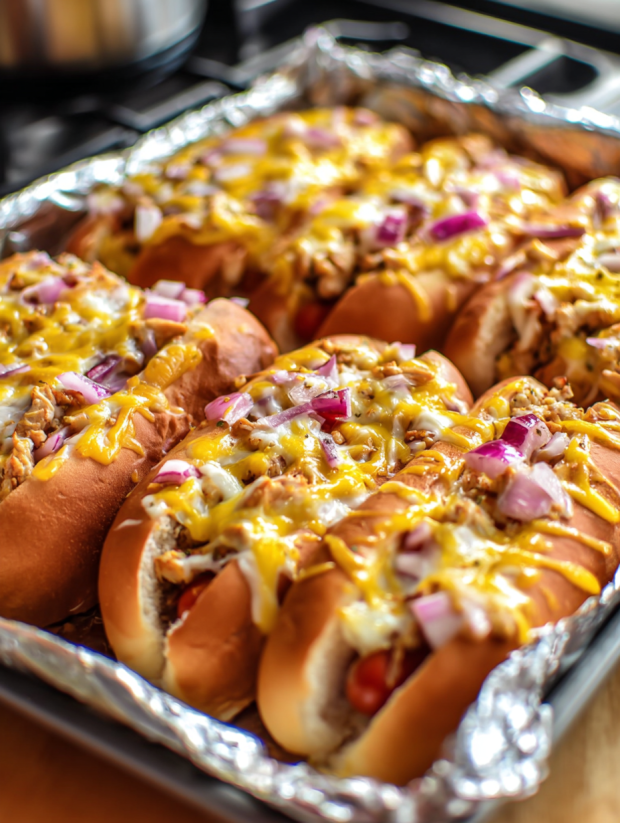 A tray of hot dogs with onions and cheese.