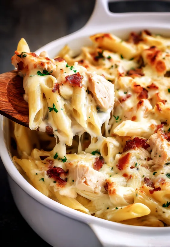 A bowl of chicken ranch pasta bake.