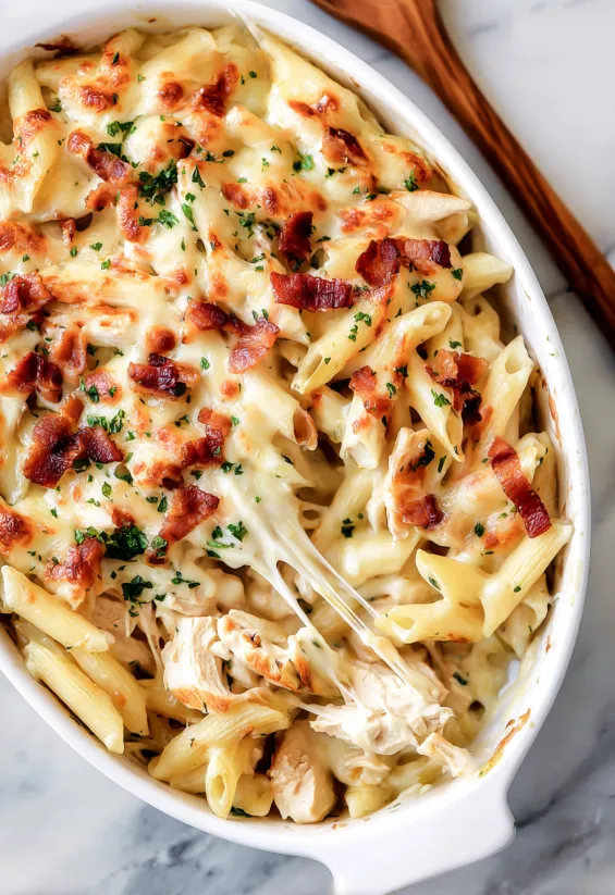 A bowl of macaroni and cheese with bacon.