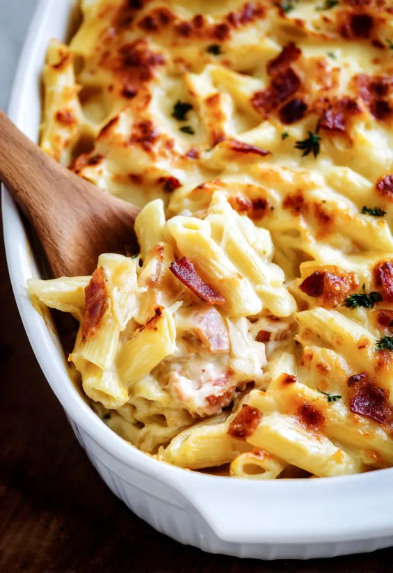 A bowl of pasta with a wooden spoon in it.