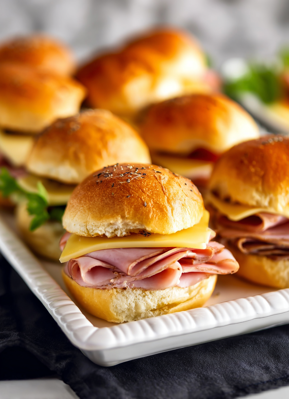 A plate of ham and cheese sliders.