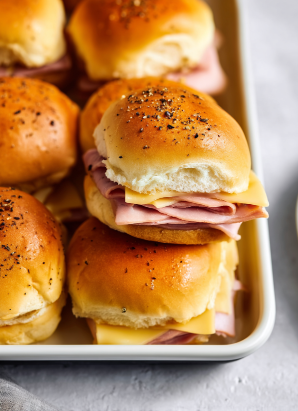 A tray of ham and cheese sandwiches.