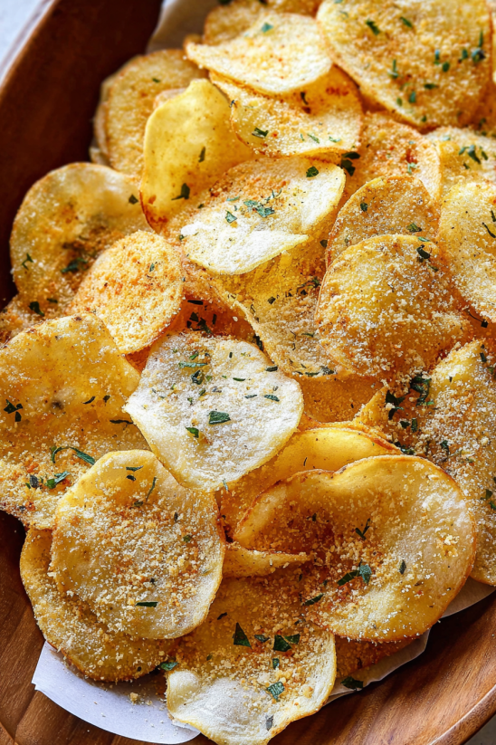 A bowl of Parmesan Ranch Potato Chips.