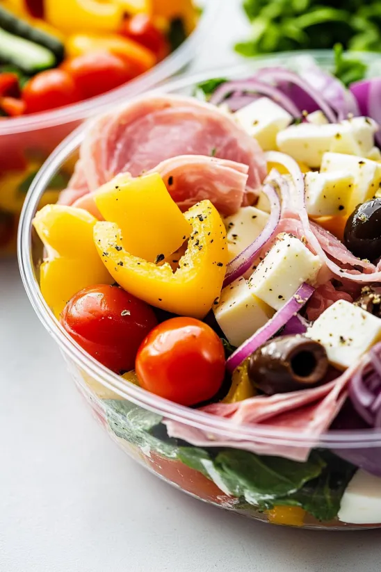 A bowl of salad with ham, cheese, and tomatoes.