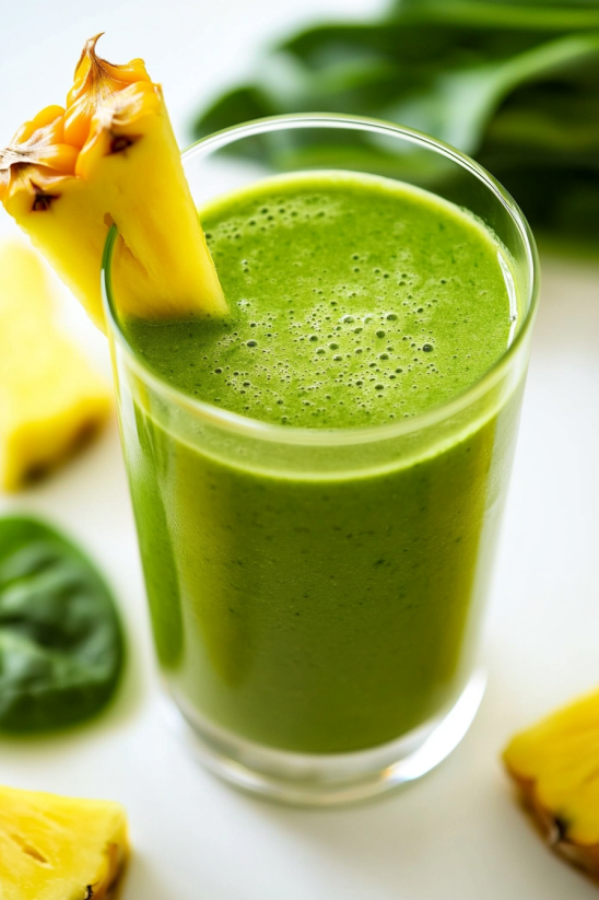 A glass of green smoothie with a pineapple stick in it.