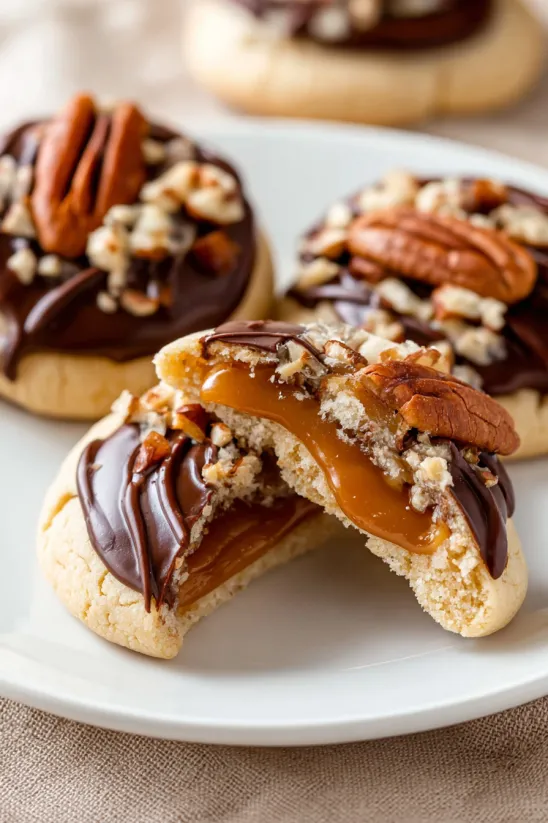 A plate of turtle cookies with chocolate and pecans.