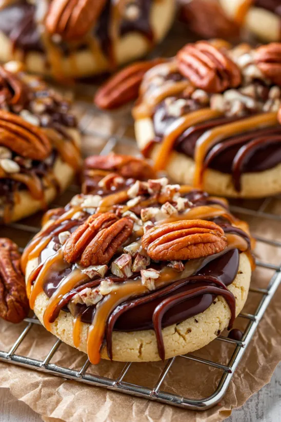 A turtle cookie with chocolate and caramel toppings.