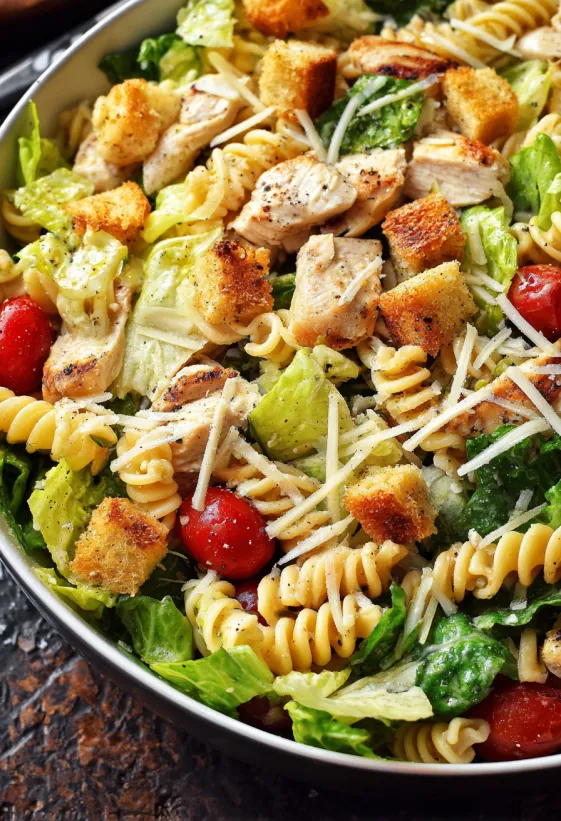 A bowl of chicken Caesar pasta salad.