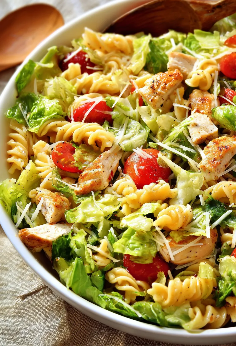 A bowl of pasta salad with chicken and tomatoes.