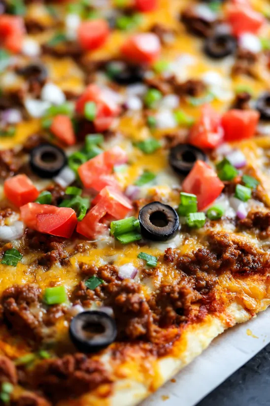 A pizza with tomatoes, olives, and cheese.
