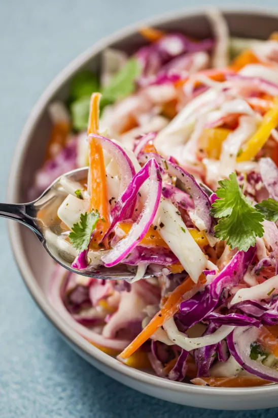 A bowl of mango slaw with a spoon in it.