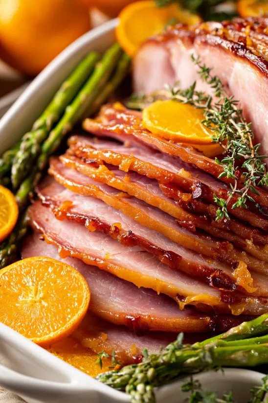 A glazed ham with oranges and herbs.