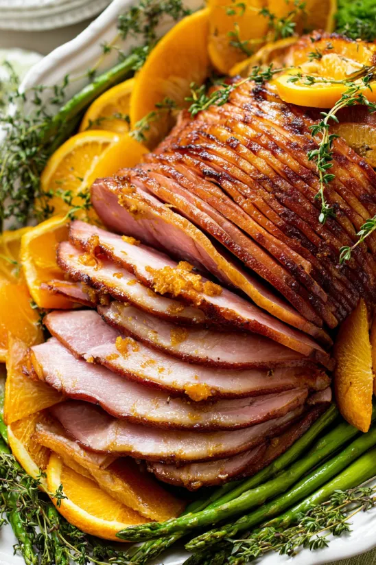 A pile of ham with a sprig of rosemary on top.