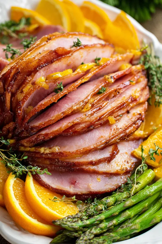 A pile of ham with oranges and asparagus.