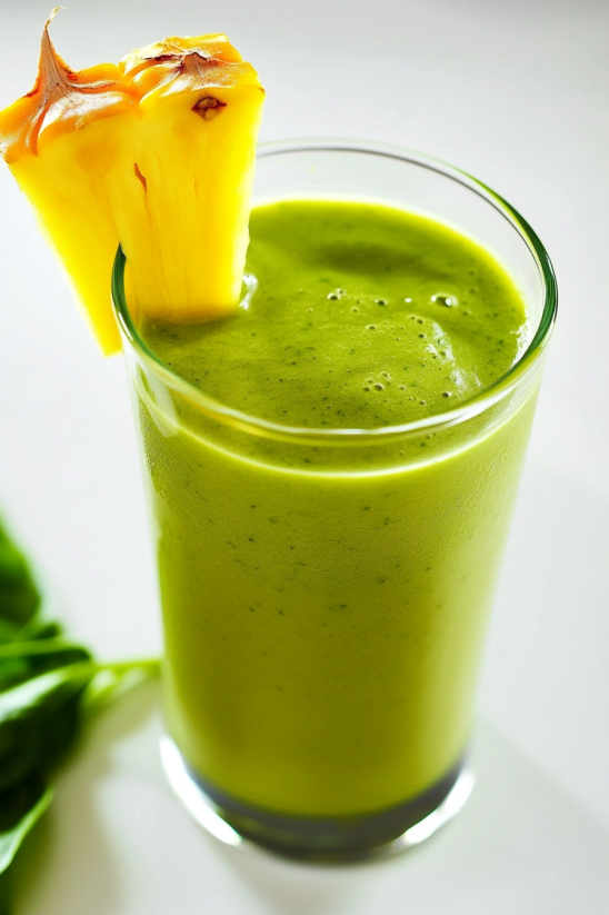 A glass of green smoothie with a pineapple wedge.